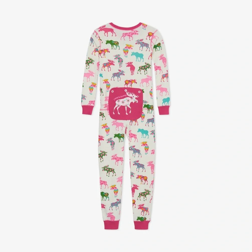 HATLEY LITTLE BLUE HOUSE MOOSE PATTERNED KIDS UNION SUIT PAJAMAS, GIRLS SIZE 10